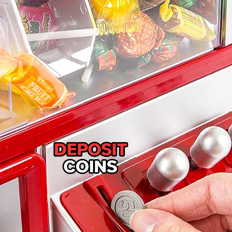 Red and silver candy claw machine with colorful wrapped candies featuring retro carnival music and arcade claw machine design