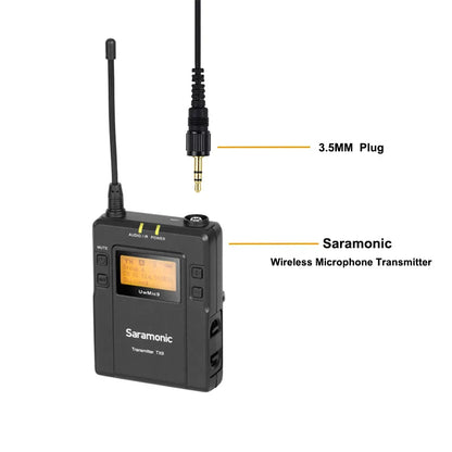 Black saramonic tx9 wireless microphone transmitter with 3.5mm plug for canfon professional noise-cancelling lavalier use