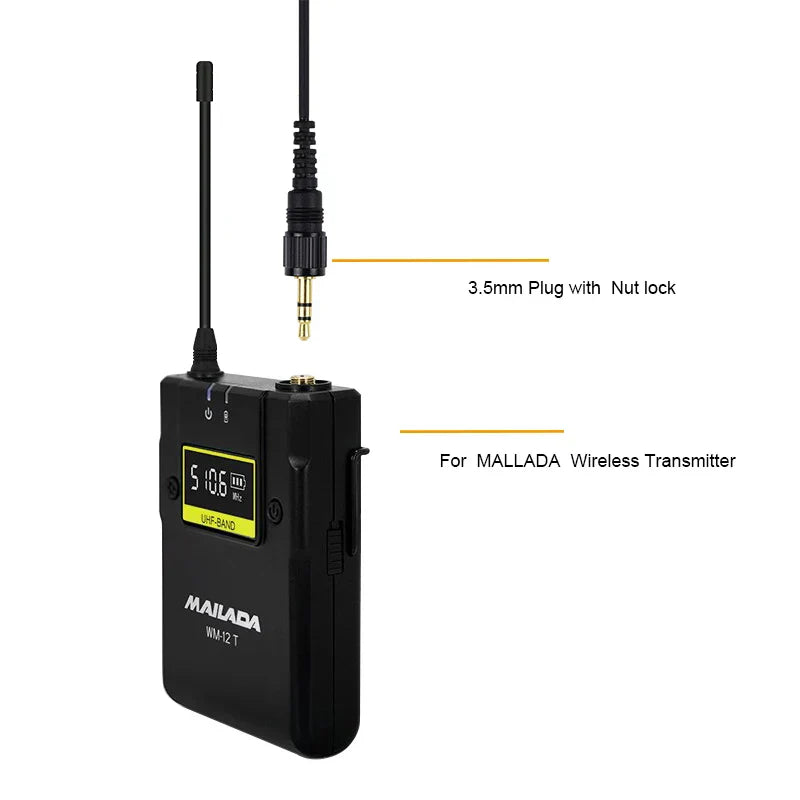 Black mallada wh-12 t wireless transmitter with digital display and antenna for canfon professional saramonic boya comica systems