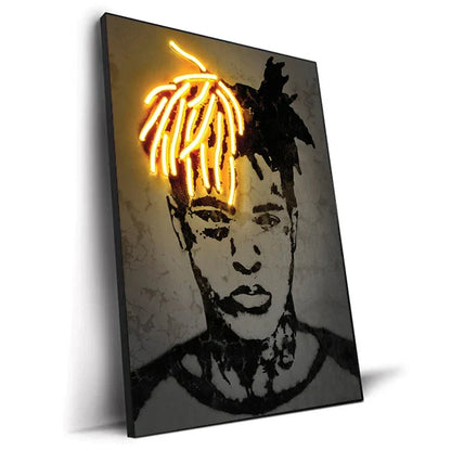Neon-lit canvas print featuring a stylized face with glowing orange dreadlocks for hip hop wall decor