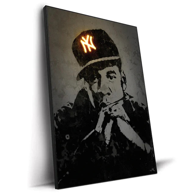 Black canvas art featuring a stylized portrait of a man with a glowing orange ny logo on cap for hip hop decor
