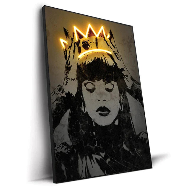 Black and white canvas print art poster featuring a stylized 2pac portrait with a glowing yellow neon crown for home decor