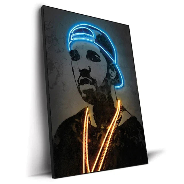 Neon-blue and gold-lit canvas print art poster of a rapper star with glowing lines on dark textured background for home decor