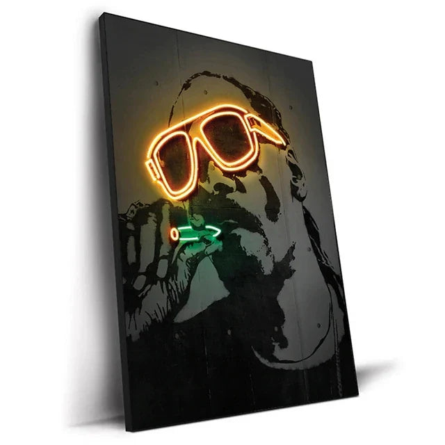 Canvas print art poster with neon orange and green sunglasses light fixture on black canvas depicting rapper 2pac portrait