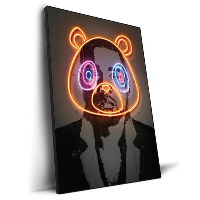 Canvas print art poster featuring neon-lit panda face with glowing orange outline and vibrant pink-blue eyes with black-and-white kanye west portrait for hip hop home decor