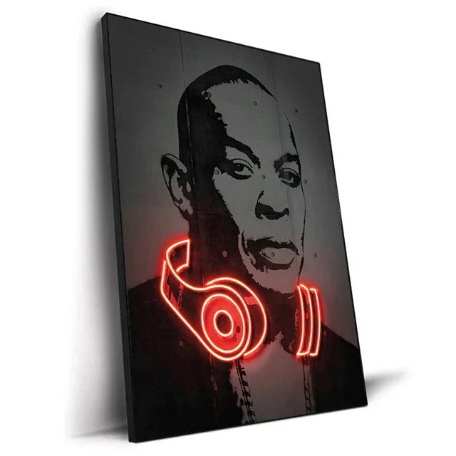 Black canvas print featuring a stylized portrait with glowing red neon headphones for hip hop wall art decor
