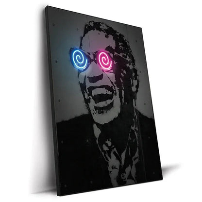 Neon-lit canvas print art poster featuring a stylized man with glowing blue and pink spiral eyes for hip hop decor