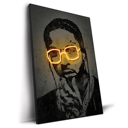 Black canvas print art poster featuring a stylized 2pac portrait with glowing orange neon glasses for hip hop decor