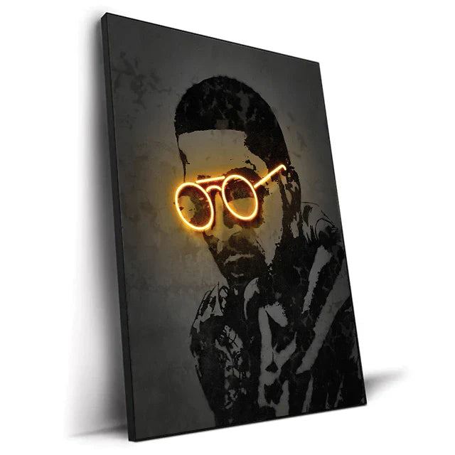 Black canvas print featuring a stylized 2pac portrait with glowing orange neon glasses for hip hop wall art decor