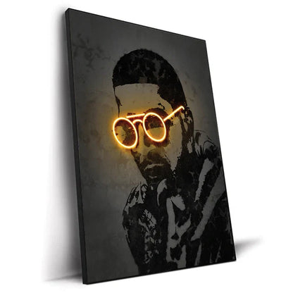 Black canvas print featuring a stylized 2pac portrait with glowing orange neon glasses for hip hop wall art decor