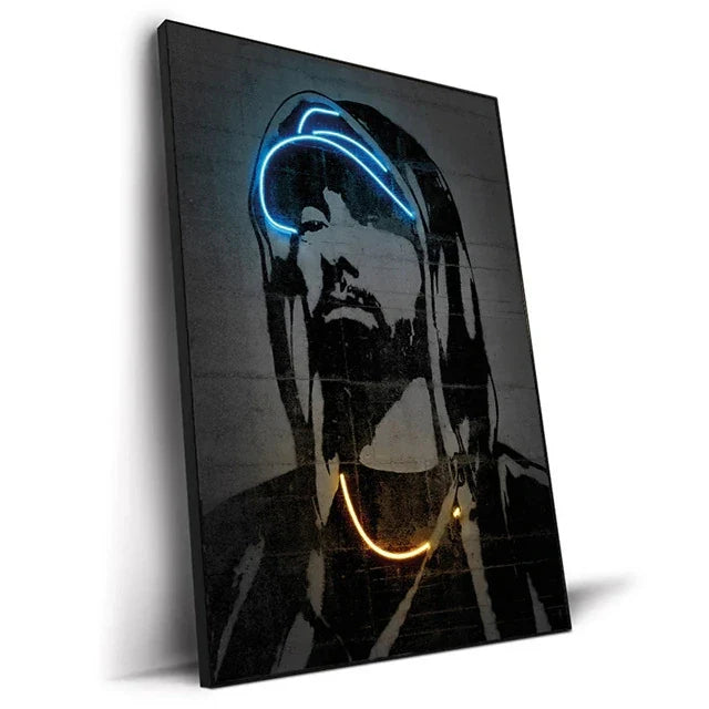 Black canvas print art poster with neon blue and yellow lines forming a stylized 2pac portrait for hip hop decor