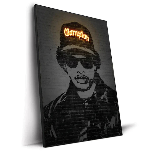 Black canvas print featuring a stylized snoop dogg portrait with glowing orange compton neon lettering for home decor