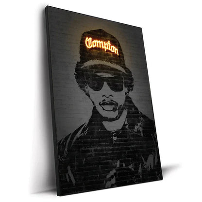 Black canvas print featuring a stylized snoop dogg portrait with glowing orange compton neon lettering for home decor