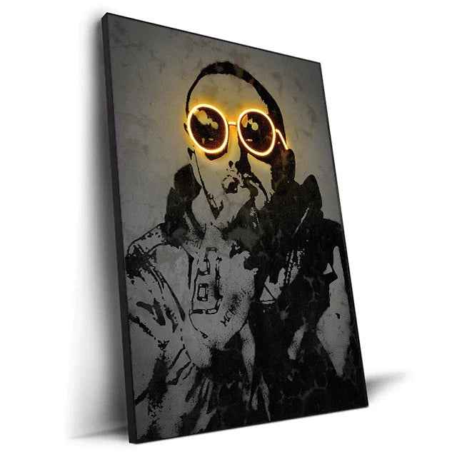 Black and gray canvas print featuring a stylized man wearing glowing yellow neon sunglasses for hip hop wall art