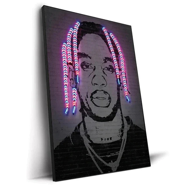 Neon-lit canvas print featuring a stylized face with glowing pink and blue led braids for hip hop wall art