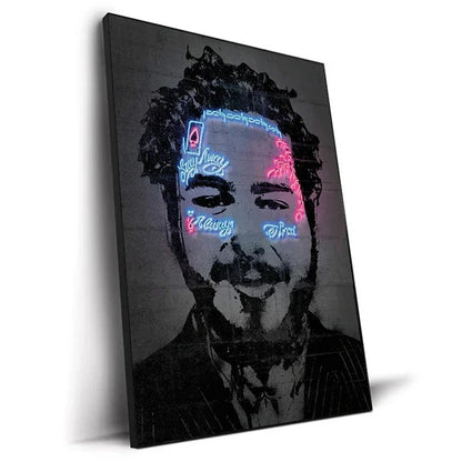 Neon-lit canvas print art poster featuring a stylized man with blue and pink text overlays for hip hop decor