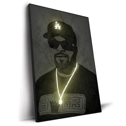 Black canvas print art poster featuring stylized snoop dogg with la dodgers cap and glowing white chain details