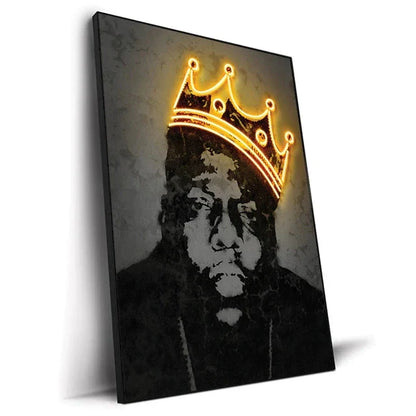 Black-and-white canvas print featuring a stylized portrait of biggie smalls with a glowing golden neon crown for home decor