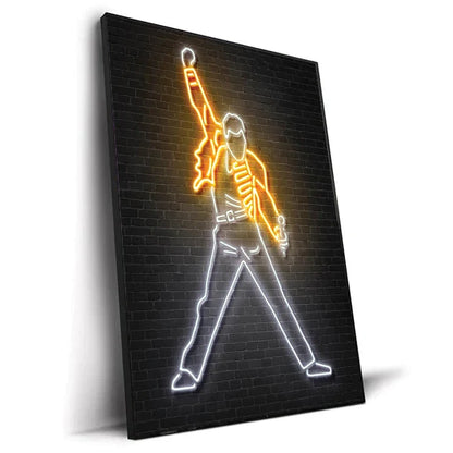 Neon sign canvas print art poster of freddie mercury in dynamic pose with glowing orange and white tubing on brick wall