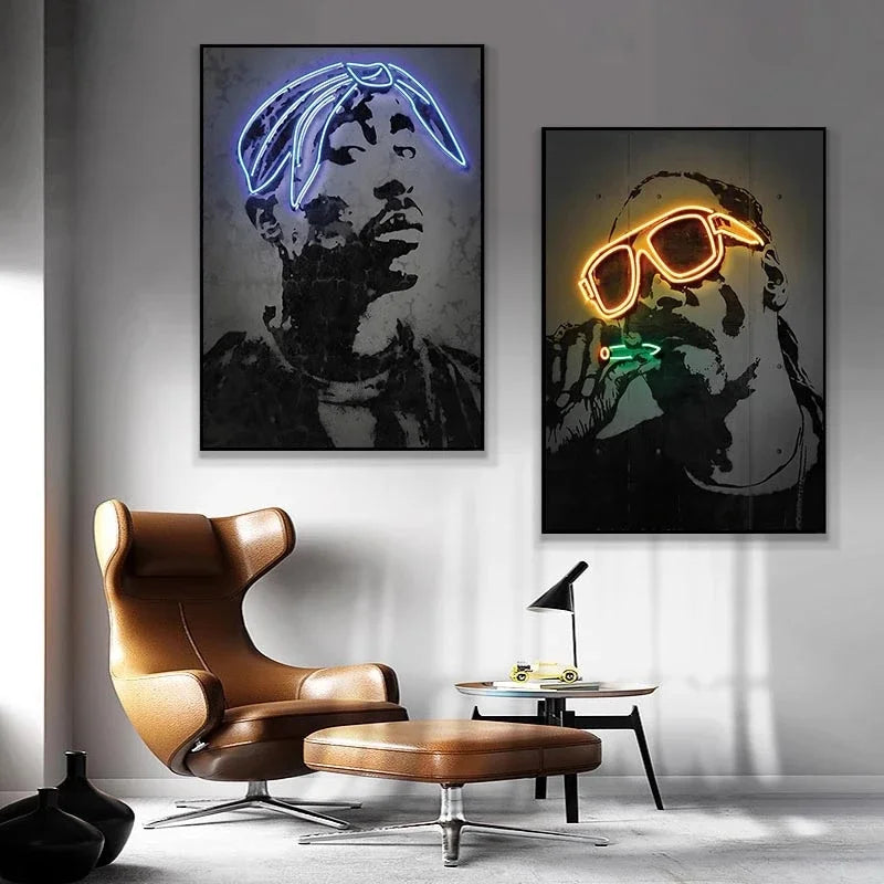 Brown leather egg-shaped armchair with matching ottoman featured alongside abstract neon design rapper star 2pac canvas print poster wall art