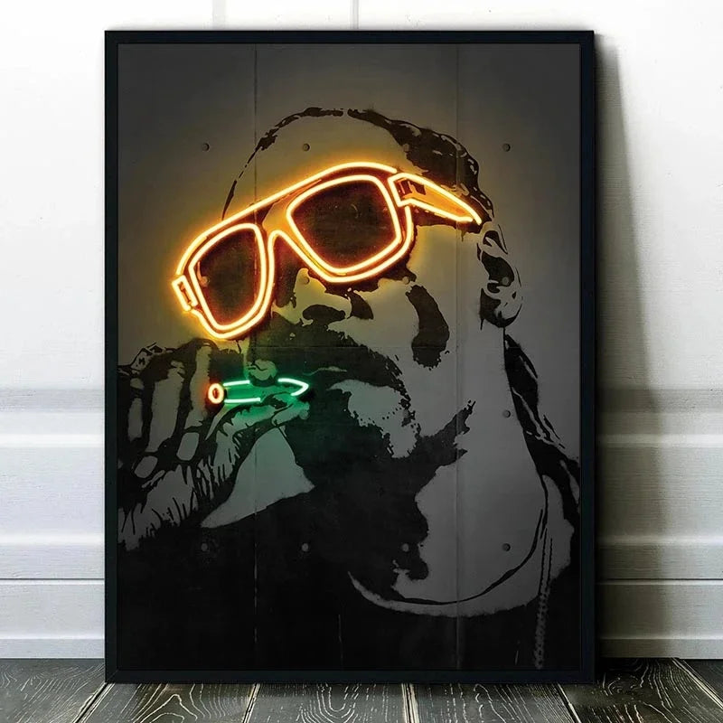 Canvas print art poster featuring neon-lit orange and green sunglasses in a black frame for hip hop home decor