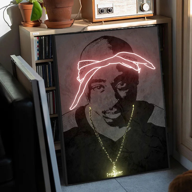 Neon canvas print art poster featuring a glowing pink and gold portrait of tupac with headband and chain for home decor