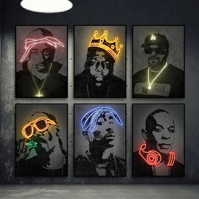 Set of six neon-lit black and white canvas print art posters featuring iconic hip hop figures with colorful glowing outlines