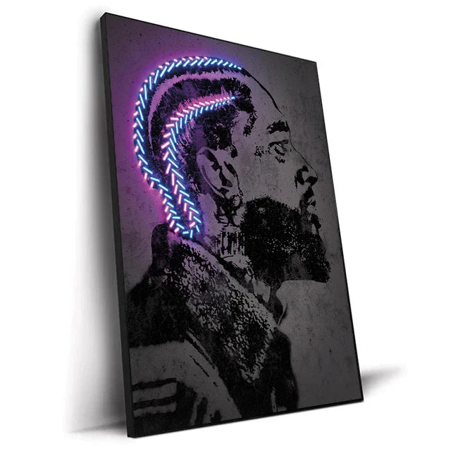 Neon-lit canvas print art poster featuring a rapper with braided hair in blue and purple hues on monochrome background