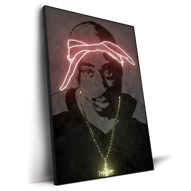 Canvas print art poster featuring neon-lit portrait of tupac with glowing pink headband and gold chain pendant for home decor