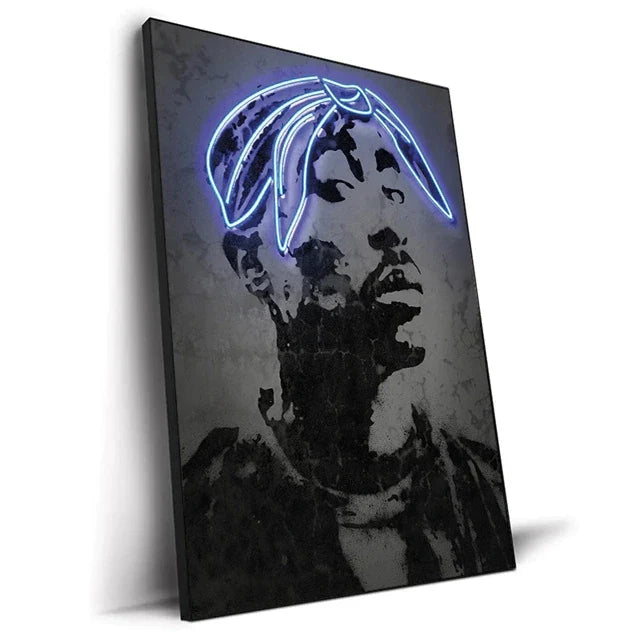 Canvas print art poster featuring a neon blue glowing headband above a black and gray tupac portrait on canvas