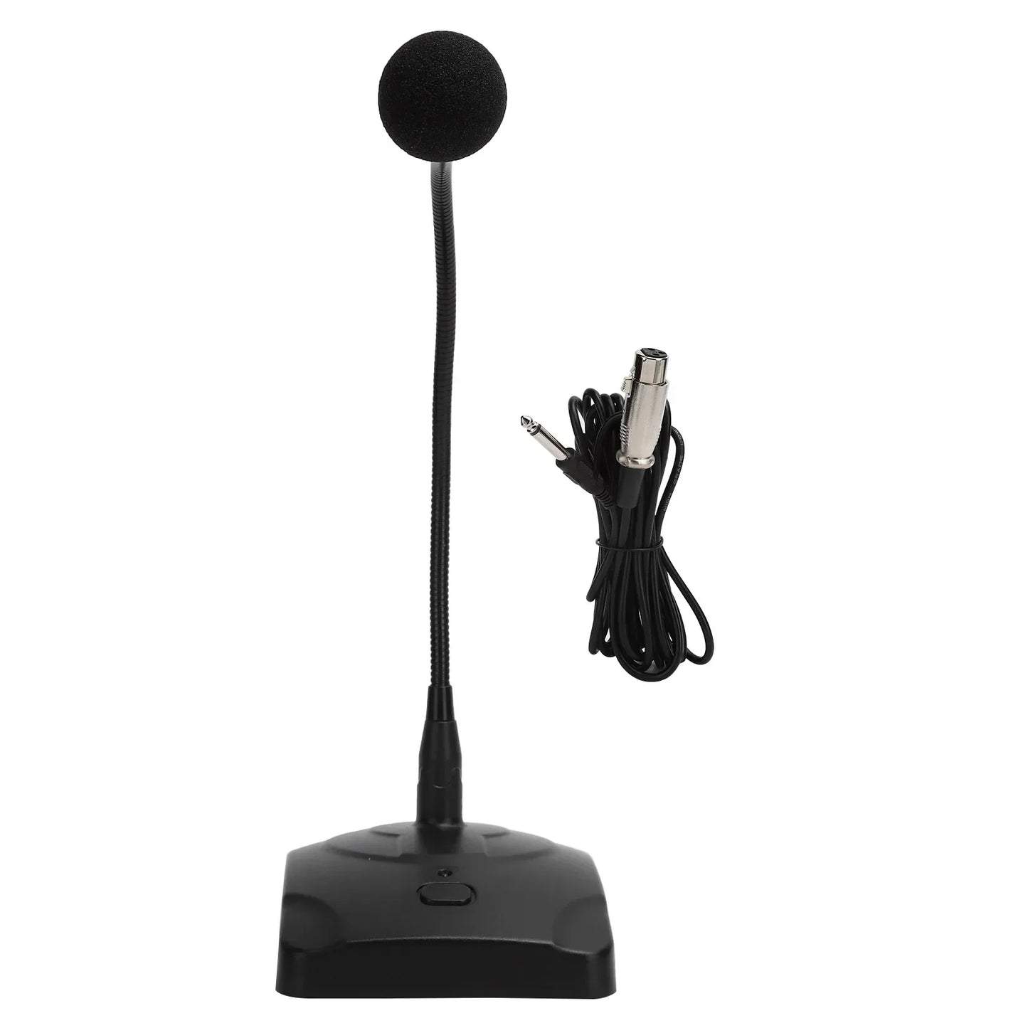 Black capacitive microphone gooseneck wired conference microphone with round foam windscreen and xlr cable gooseneck connectors