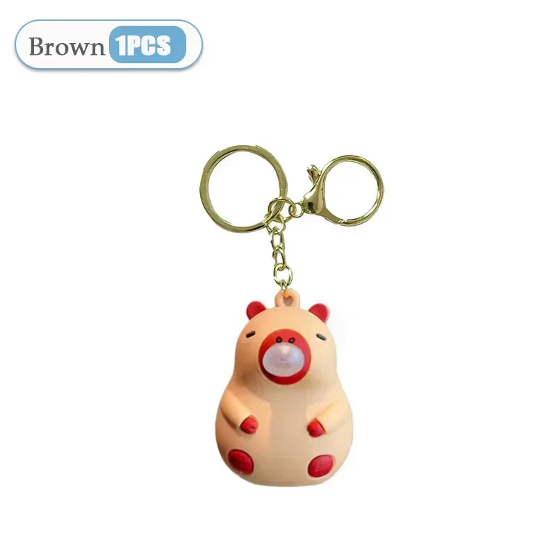 Brown plush capybara doll pinch keychain with red accents gold-tone ring for spit bubble decompression schoolbag doll pendant