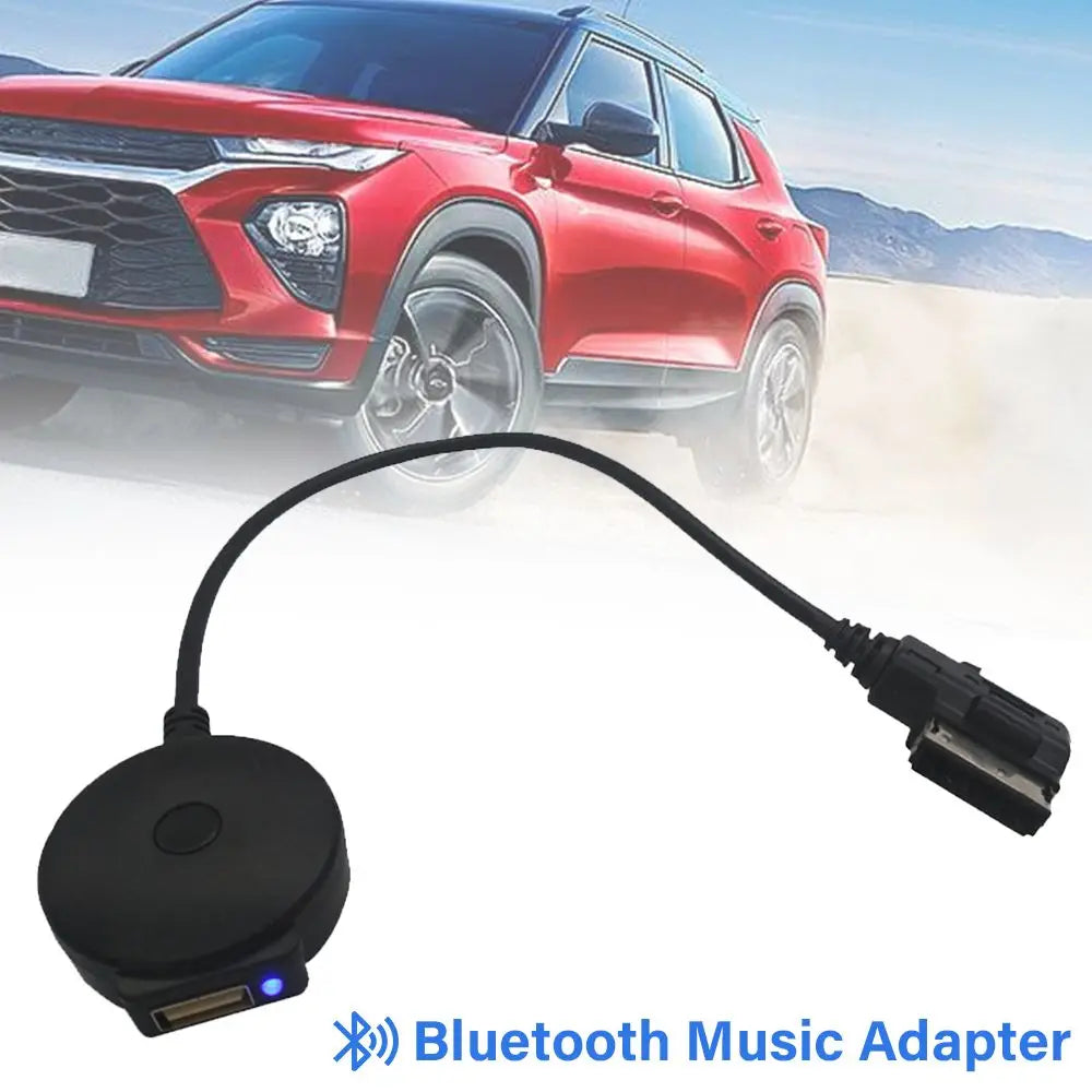 Black circular bluetooth music adapter with usb port and blue led connected to car audio for ami mdi mmi system Mercedes-Benz
