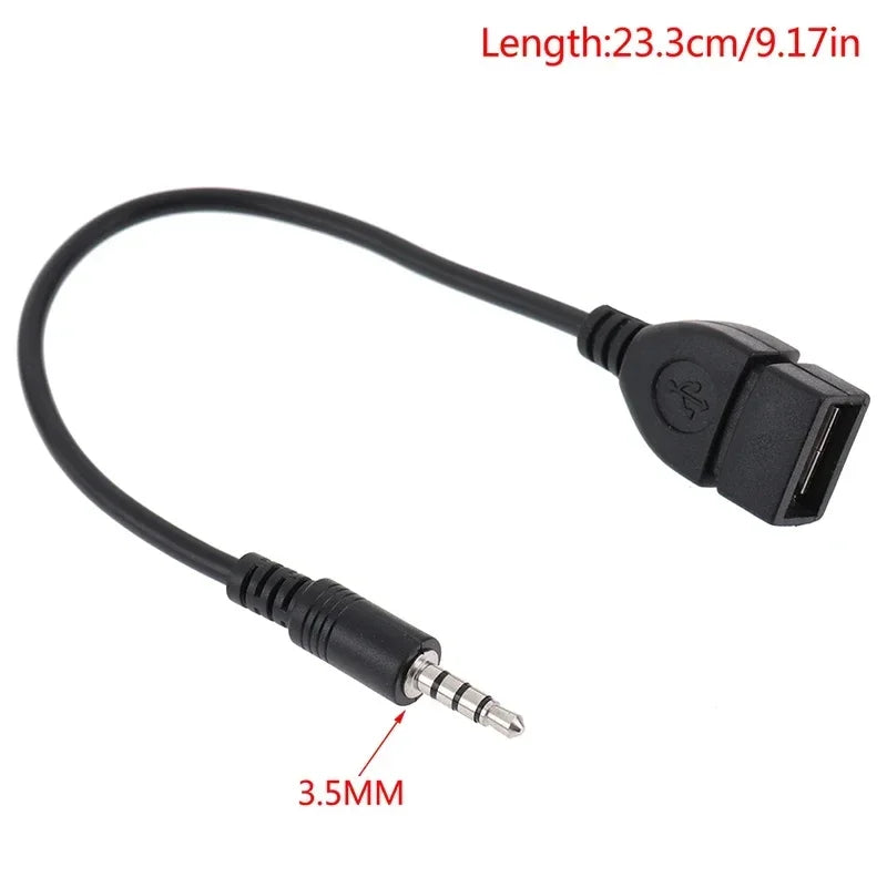 Black 3.5mm otg adaptor cable with usb type-a female connector for car audio cable usb mp3 playback and aux connection