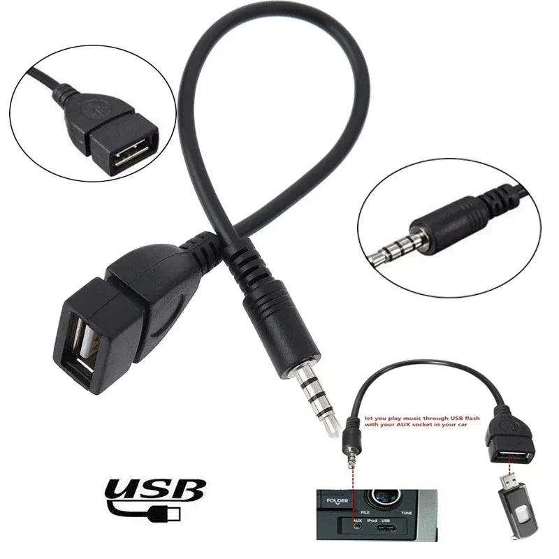 Black otg adaptor cable with female usb connector and two male 3.5mm jacks for car audio cable usb mp3 playback