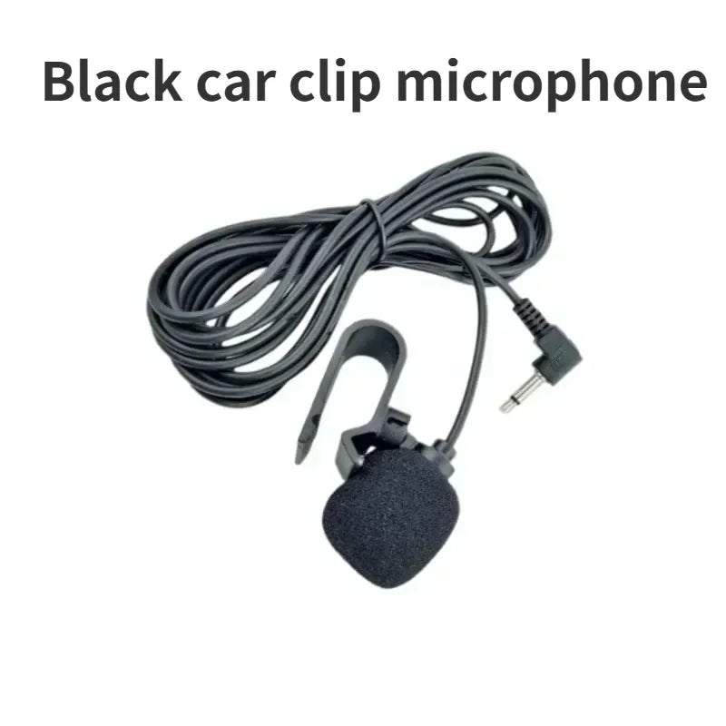 Black car wired external microphone with foam-covered head and coiled cable for auto dvd radio use