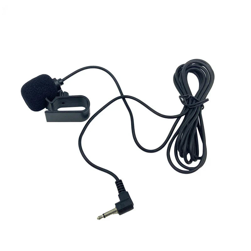 Black wired external microphone with foam windscreen and 3.5mm clip jack plug for auto dvd radio use