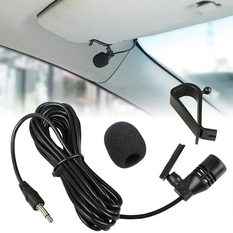 Black wired external microphone with clip, coiled cable, foam windscreen, and 3.5mm jack for auto dvd radio use