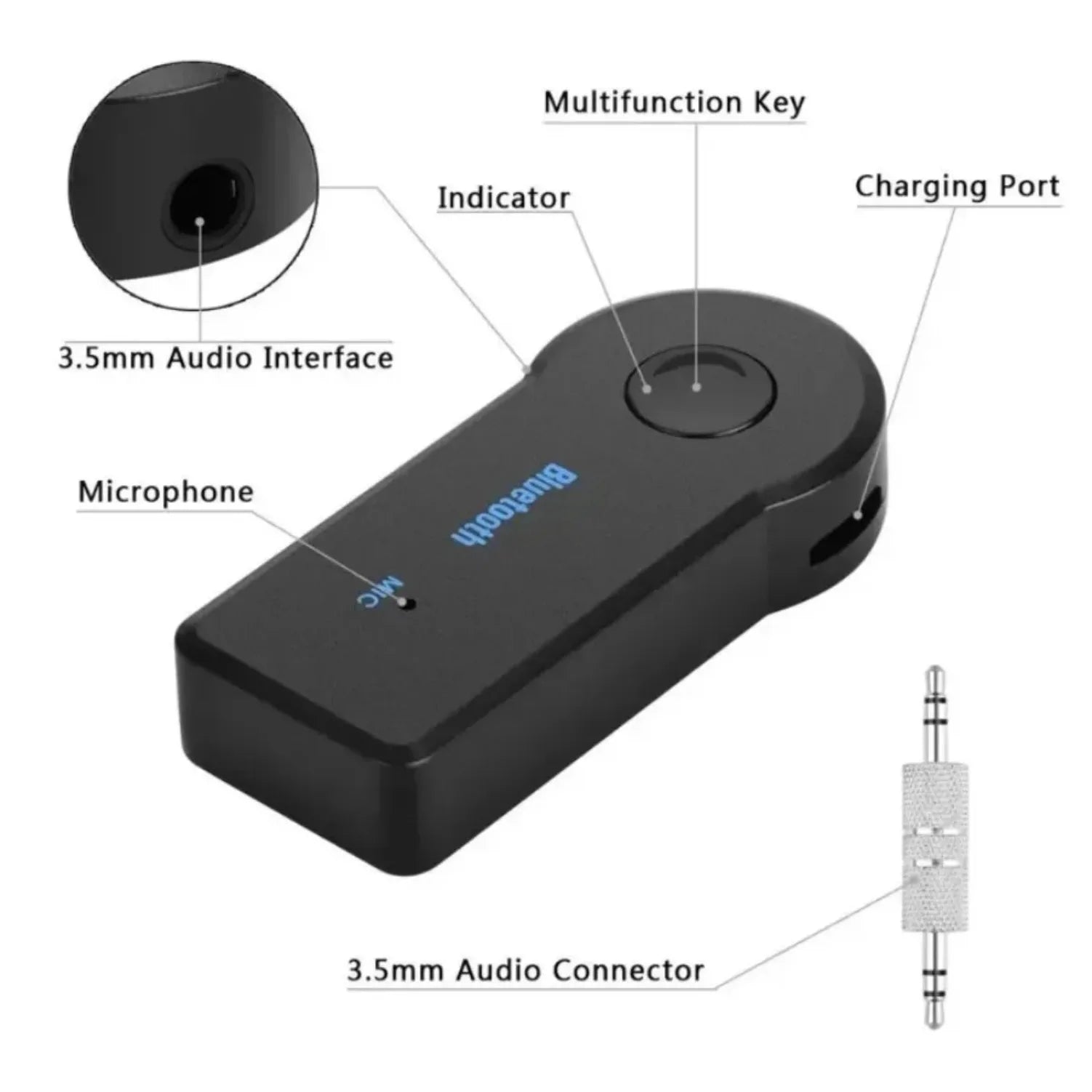 Black bluetooth 5.0 music car transmitter with 3.5mm audio interface and amplifier wireless adapter with mic
