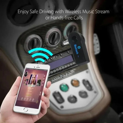Black bluetooth 5.0 music car transmitter with metallic plug and blue logo for amplifier wireless adapter and hands-free calls