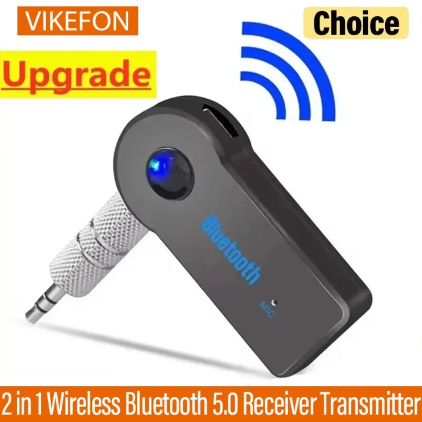Black vikefon bluetooth 5.0 music car transmitter with blue led and silver textured 3.5mm amplifier wireless adapter