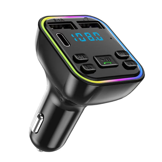Black car Bluetooth 5.0 fm transmitter with fast charger colorful led ambient light handsfree mp3 modulator player
