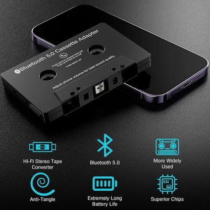 Black bluetooth 5.0 cassette adapter with microphone 6h music and metallic connectors for standby smartphone cassette use