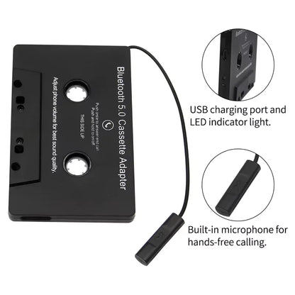 Black bluetooth 5.0 cassette adapter with microphone 6h music time and usb charging port for smartphone cassette adapter use