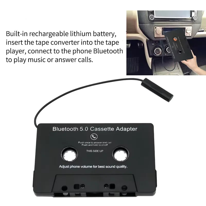 Black bluetooth 5.0 cassette adapter with microphone 6h music and standby smartphone cassette for car stereos