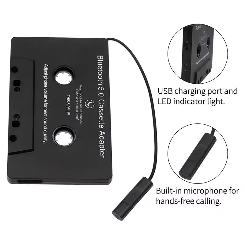 Black bluetooth 5.0 cassette adapter with microphone 6h music and usb charging port for standby smartphone cassette use