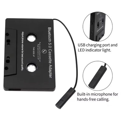 Black bluetooth 5.0 cassette adapter with microphone 6h music and usb charging port for standby smartphone cassette use