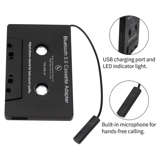 Black bluetooth 5.0 cassette adapter with microphone 6h music and usb charging port for standby smartphone cassette use