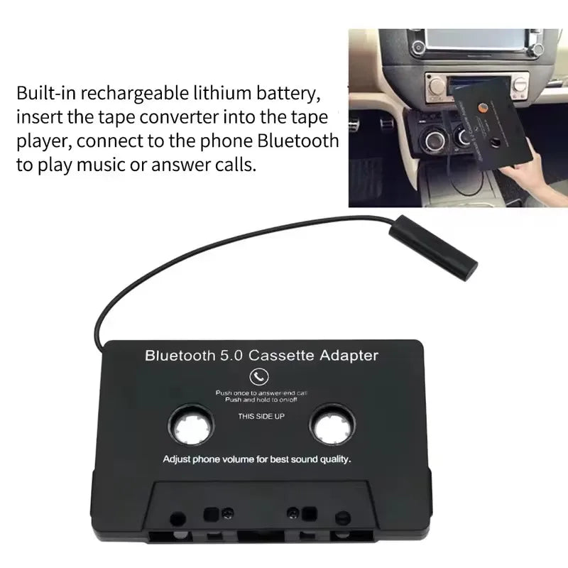 Black bluetooth 5.0 cassette adapter with microphone 6h music and standby smartphone cassette for car audio use