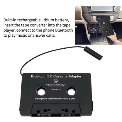 Black bluetooth 5.0 cassette adapter with microphone 6h music and standby smartphone cassette for car audio use